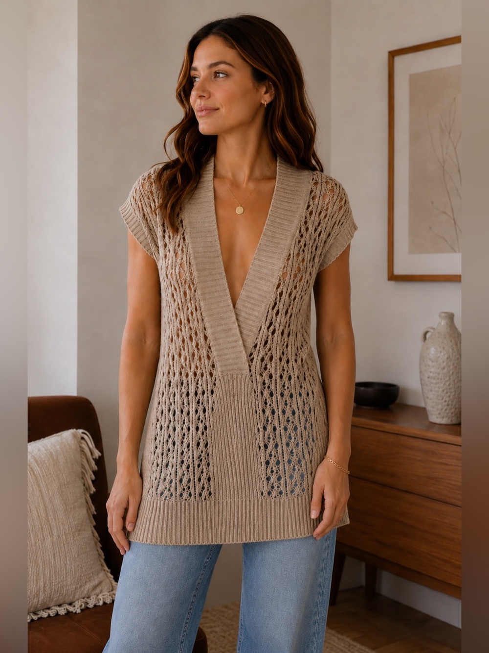 Seduction Y2K Beige Knit Deep V-Neck Short Sleeve Sweater Size XS S Boho Neutral